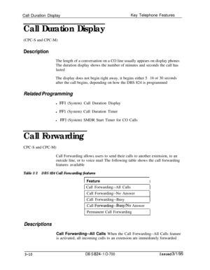 Page 599Call Duration DisplayKey Telephone FeaturesCall Duration Display(CPC-S and CPC-M)
DescriptionThe length of a conversation on a CO line usually appears on display phones
The duration display shows the number of minutes and seconds the call has
lastedThe display does not begin right away, it begins either 5
16 or 30 secondsafter the call begins, depending on how the DBS 824 is programmed
Related Programmingl 
FFl (System) Call Duration Display
l 
FFl (System) Call Duration Timer
lFFl (System) SMDR Start...