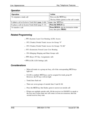 Page 641Line AppearancesOperationKey Telephone Features
OperationActionTo originate a trunk callPress an idle 
MC0 key
The key blinks (green) as the call is made
1 To nlace a call on Exclusive Trunk Hold (page 3-29) 1 Press the MC0 key
1 To place a call on System Trunk Hold (page 3- 15)1 Press the HOLD keyITo transfer a call
1 Press HOLD, dial the destination exten-
1 sion, then press PROG
Related Programmingl 
FFl (System) Least Cost Routing (LCR) Access
lFF2 (Trunks) Pooled Trunk Access for Group “9”
lFF2...