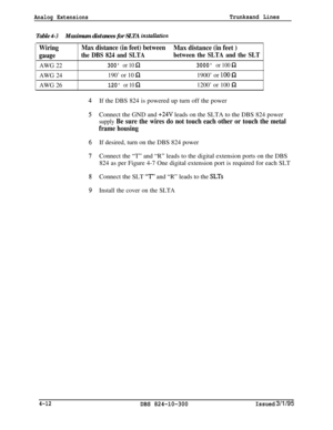 Page 71Analog ExtensionsTrunksand Lines
Table 4-3Maximum distances for SLTA instMati.on
WiringMax distance (in feet) betweenMax distance (in feet )
gaugethe DBS 824 and SLTAbetween the SLTA and the SLT
AWG 22300 or 10 n3000 or 100 R
AWG 24190’ or 10 Q1900’ or 100Q
AWG 26120 or 10 S21200’ or 100 nIf the DBS 824 is powered up turn off the power
Connect the GND and 
+24V leads on the SLTA to the DBS 824 power
supply Be sure the wires do not touch each other or touch the metal
frame housingIf desired, turn on the...