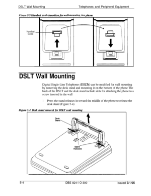 Page 76DSLT Wall MountingTelephones and Peripheral EquipmentFipure 5 3 Handset puide insertion for wall-mountina. key phone
Handset
Guide
DSLT Wall Mounting
Digital Single-Line Telephones (DSLTs) can be modified for wall mounting
by removing the desk stand and mounting it on the bottom of the phone The
back of the DSLT and the desk stand include slots for attaching the phone to a
screw inserted in the wall
1Press the stand releases in toward the middle of the phone to release the
desk stand (Figure 5-4)Figure...
