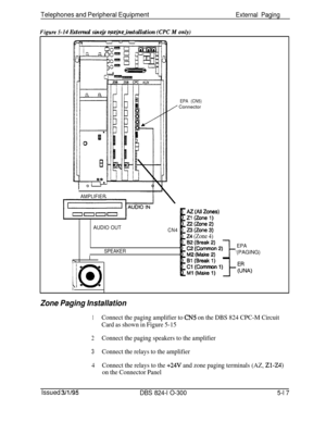 Page 89Telephones and Peripheral EquipmentExternal Paging
Fimrre 5-14 External sinde Dapinp installation (CPC M onlv)
EPA (CN5)
/ Connector
AMPLIFIER
IUIIII
AUDIO OUTCN4
L 24 (Zone 4)
SPEAKER
I
\
EPA‘(PAGING)
Zone Paging Installation
1Connect the paging amplifier to CN5 on the DBS 824 CPC-M Circuit
Card as shown in Figure 5-15
2Connect the paging speakers to the amplifier
3Connect the relays to the amplifier
4Connect the relays to the +24V and zone paging terminals (AZ, 21-24)
on the Connector Panel
Issued 3/l...