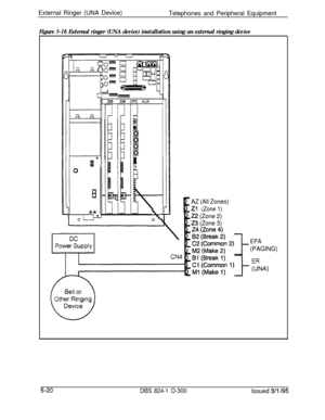 Page 92External Ringer (UNA Device)
Telephones and Peripheral Equipment\
o\
Figure S-16 External ringer (UNA device) installation using an external ringing device
E
AZ (All Zones)
Zl (Zone 1)
22 (Zone 2)
23 (Zone 3)
EPA
(PAGING)
5-20DBS 824-1 O-300Issued 3/l /95 