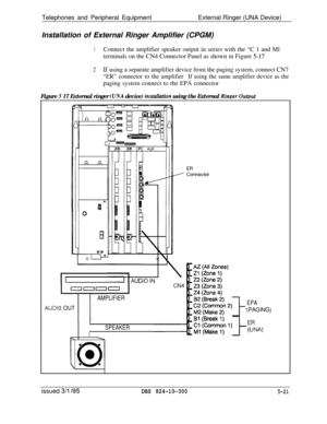 Page 93Telephones and Peripheral EquipmentExternal Ringer (UNA Device)
Installation of External Ringer Amplifier (CPGM)1Connect the amplifier speaker output in series with the “C 1 and Ml
terminals on the CN4 Connector Panel as shown in Figure 
5-17
2Lf using a separate amplifier device from the paging system, connect CN7
“ER” connector to the amplifierIf using the same amplifier device as thepaging system connect to the EPA connector
Figure 
5 17 External ringer (UNA device) installation using the External...