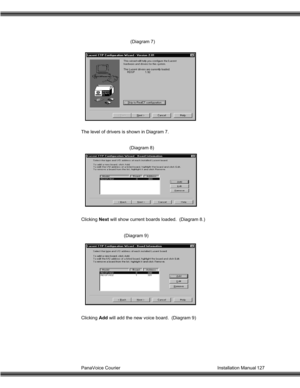 Page 128PanaVoice Courier                                                                           Installation Manual 127                                       (Diagram 7)
The level of drivers is shown in Diagram 7.
          (Diagram 8)
Clicking Next will show current boards loaded.  (Diagram 8.)
                                 (Diagram 9)
Clicking Add will add the new voice board.  (Diagram 9) 