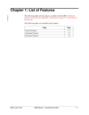 Page 13DBS-2.3/9.2-700 DBS Manual  - Revised April 2000  1-1
Chapter 1: List of Features
The following tables list the features available with the DBS. Additional 
features are listed in the Appendix, which starts on page A-1 in the back of 
this manual.
The following tables are included in this chapter: 
Topic Page
System Features 1-3
Attendant Features 1-5
Extension Features 1-6 