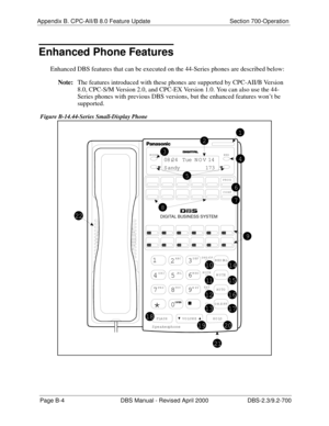 Page 330Appendix B. CPC-AII/B 8.0 Feature Update Section 700-Operation
Page B-4 DBS Manual - Revised April 2000 DBS-2.3/9.2-700
Enhanced Phone Features
Enhanced DBS features that can be executed on the 44-Series phones are described below:
Note:
The features introduced with these phones are supported by CPC-AII/B Version 
8.0, CPC-S/M Version 2.0, and CPC-EX Version 1.0. You can also use the 44-
Series phones with previous DBS versions, but the enhanced features won’t be 
supported.
 Figure B-14.44-Series...