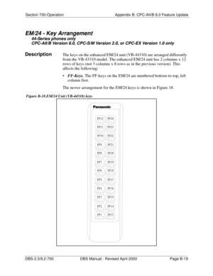 Page 345Section 700-Operation Appendix B. CPC-AII/B 8.0 Feature Update
DBS-2.3/9.2-700 DBS Manual - Revised April 2000   Page B-19
EM/24 - Key Arrangement
44-Series phones only
CPC-AII/B Version 8.0, CPC-S/M Version 2.0, or CPC-EX Version 1.0 only
DescriptionThe keys on the enhanced EM/24 unit (VB-44310) are arranged differently 
from the VB-43310 model. The enhanced EM/24 unit has 2 columns x 12 
rows of keys (not 3 columns x 8 rows as in the previous version). This 
affects the following:

FF-Keys. The...