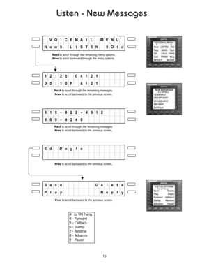 Page 24Listen - New Messages
VO I CEMA I L MENU
New5 L I STEN 5O l d
12 : 25 04 / 21
05 : 10P 4 / 21
615 - 822 - 4612
889 - 4248
Ed Do y l e
Save    De l e t e
Pl ay   Repl y
Next to scroll through the remaining messages.
Prev to scroll backward to the previous screen.
Next to scroll through the remaining messages.
Prev to scroll backward to the previous screen.
Prev to scroll backward to the previous screen.
Prev to scroll backward to the previous screen.
#  to VM Menu
4 - Forward
5 - Callback
6 - Stamp
7 -...