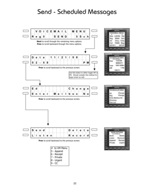 Page 27Send - Scheduled Messages 
VO I CEMA I L MENU
Reg 5 SEND 5Sch
Da t e 11 / 21 / 98
02 : 58 PM
Ed Ch a ng e
En t e r Ma i l bo x No
Send    De l e t e
L
is t en Reco r d
Prev to scroll backward to the previous screen. Prev to scroll backward to the previous screen. Prev to scroll backward to the previous screen.
#  to VM Menu
5 - Append
6 - Receipt
7 - Private
8 - Urgent
9 - CC
Use this button to either toggle AM or 
PM.  Should consider this method for 
large screen as well.
Next to scroll through the...