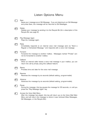 Page 41Listen Options Menu
Save
Saves your message as an Old Message.  If you are listening to an Old Message
and press Save, the message will be returned to Old Messages.
Delete
Deletes your message by sending it to the Recycle Bin (for a description of the
Recycle Bin see page 6).
Play Message Again
Plays the message again.
Reply
Immediately  responds  to  an  internal  voice  mail  message  sent  via  “Send  a
Regular or Scheduled Message,” and responds with a voice mail message. 
Forward
Forwards  the...