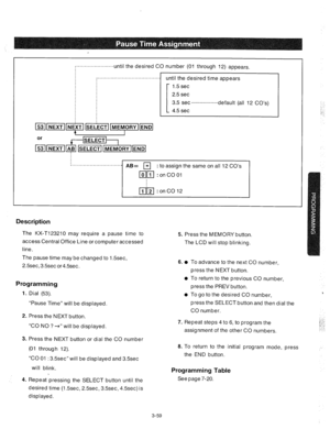 Page 101:.......................until the desired CO number (01 through 12) appears. 
. . . . . . . . . . . . . . . . . . . . . . . . . . . . . . . . . . . . . . . . until the desired time appears 
1.5 set 
2.5 set 
3.5 set . . . . . . . . . . . . . . . . . . . default (all 12 CO’s) 
4.5 set 
~~[INEXT@E~IZT~IMEM~RYI(ENDI 
4 
I 
: to assign the same on all 12 CO’s 
Description 
The KX-T123210 may require a pause time to 
access Central Office Line or computer accessed 
line. 
The pause time may be changed to...