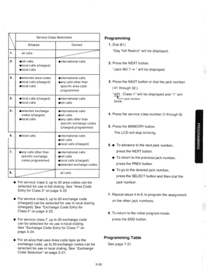 Page 107Service Class Selections 
\I- 
all calls 
atoll calls 
l local calls (charged) 
l local calls 
l selected area codes 
l local calls (charged) 
l local calls 
5. 
l selected exchange 
codes (charged) 
l local calls Denied 
l international calls 
l international calls 
l any calls other than 
specific area code 
programmed 
l international calls 
atoll calls 
l international calls 
atoll calls 
l any calls other than 
specific exchange codes 
(charged) programmed 
l international calls 
atoll calls 
l...