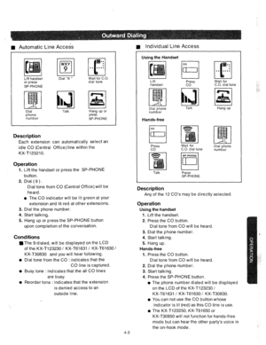 Page 127n Automatic Line Access n Individual Line Access 
Lift handset 
or press 
SP-PHONE Dial “9 ” Wait for C.O. 
dial tone 
Dial 
phone 
number Talk Hang up or 
press 
SP-PHONE 
Description 
Each extension can automatically select an 
idle CO (Central Office) line within the 
KX-T123210. 
Operation 
1. Lift the handset or press the SP-PHONE 
button. 
2. Dial (9). 
Dial tone from CO (Central Office) will be 
heard 
. 
l The CO indicator will be lit green at your 
extension and lit red at other extensions. 
3....