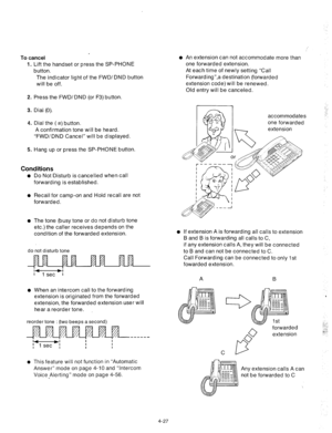 Page 152To cancel 
1. 
2. 
3. 
4. 
5. Lift the handset or press the SP-PHONE 
button. 
The indicator light of the FWD/DND button 
will be off. 
Press the FWD/DND (or F3) button. 
Dial (0). 
Dial the (#) button. 
A confirmation tone will be heard. 
“FWD/DND Cancel” will be displayed. 
Hang up or press the SP-PHONE button. 
Conditions 
Do Not Disturb is cancelled when call 
forwarding is established. 
Recall for camp-on and Hold recall are not 
forwarded. 
The tone (busy tone or do not disturb tone 
etc.) the...