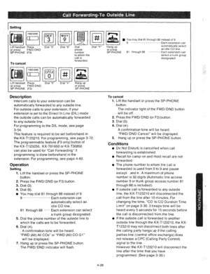 Page 153Setting 
Lift handset Press 
or press FWD/DND 
SP-PHONE (F3) 
To cancel 
phone 
number 
to whom the 
call is 
forwarded 
n You may dial 81 through 88 instead of 9. 
9 ........... . . . . . . . . . . . . . . . .._ Eachextensioncan 
automatically select 
or press an idle CO line. 
SP-PHONE 81 through 88 -.........- Each extension can 
select a trunk group 
designated. 
Lift handset Press Dial “0” Dial “#” 
Hang up 
or press FWD/DND or press 
SP-PHONE (F3) SP-PHONE 
Description To cancel 
Intercom calls to...