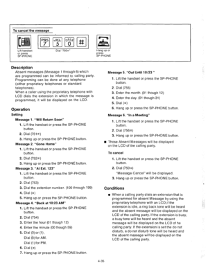 Page 160I Description 
Absent messages (Message 1 through 6) which 
are programmed can be informed to calling party. 
Programming can be done at any telephone 
(either proprietary telephones or standard 
telephones). 
When a caller using the proprietary telephone with 
LCD dials the extension in which the message is 
programmed, it will be displayed on the LCD. 
To cancel the message 
Lift handset 
or press 
SP-PHONE Dial “750#” Hang up or 
press 
SP-PHONE 
5. Hang up or press the SP-PHONE button. 
Message 4....