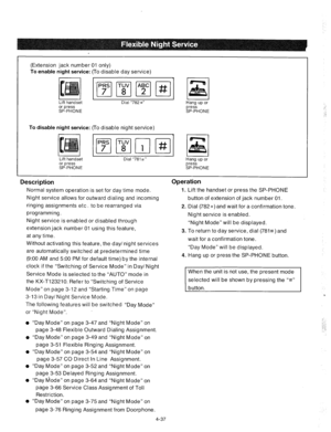 Page 162(Extension jack number 01 only) 
To enable night service: (To disable day service) 
Lift handset 
or press 
SP-PHONE Dial “782 #” Hang up or 
press 
SP-PHONE 
To disable night service: (To disable night service) 
I 
I 
I I Lift handset Dial “781~” Hang 
or press preCs 
SP-PHON E SP-PHONE 
Description 
Normal system operation is set for day time mode. 
Night service allows for outward dialing and incoming 
ringing assignments etc. to be rearranged via 
programming. 
Night service is enabled or disabled...