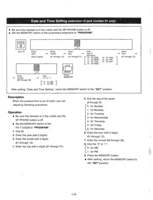 Page 1840 Be sure the handset is in the cradle and the SP-PHONE button is off. 
e Set the MEMORY switch of the proprietary telephone to 
“PROGRAM”. 
OPb? 
lo 8 
Dial “0” 
Enter Enter 
year -+ month + day ---+ day of -+ hour -+ 
(last 2 digits) (01 through 12) (01 through 31) the week 
“0” 
: for SUN “4” : for THU (01 through 12) 
“1” : for MON 
“5” : for FRI 
“2” : for TU E 
“6” : for SAT 
“3” : for WED 1 
Enter Dial Press 
-+ minute - “0” or “1 ” MEMORY 
(00 through 59) 
“0” 
: for AM 
“1” : for PM 1 
After...