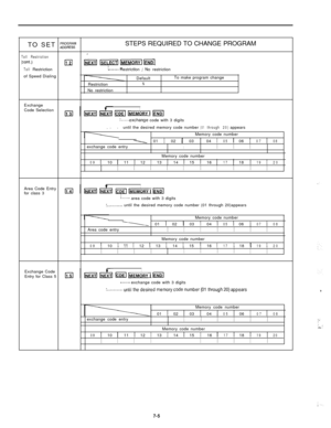 Page 219TO SET ;$,;;“s”STEPS REQUIRED TO CHANGE PROGRAM
IToll Restriction{cent .)h lNEXTlEifaGmlENDl
TollRestriction.......Restriction / No restriction
of Speed Dialing
DefaultTo make program change
Restriction
XNo restriction
Exchange
Code Selection
IlCDEl IMEMORY I IEEl
:.....exchange code with 3 digits
.. .
until the desired memory code number
(01through20)appears
Memory code number
\ 01 1 02 1 03104 1051 06107108exchange code entry
IIIIMemory code number
09110 111 1 12 1 13 1 14 1 15I16 1171 18119120...