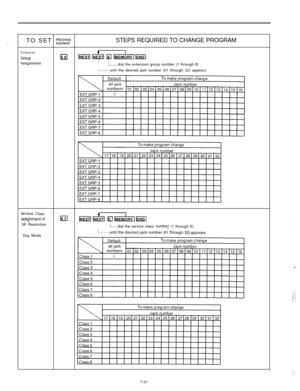 Page 235TO SET ;;;;,“,“,”STEPS REQUIRED TO CHANGE PROGRAM
Extension
;roup
4ssignment
m la&+m
:....- dial the extension group number (1 through 8)
:.......until the desired jack number (01 through 32) appears
jervice Class
\ssignment of
-011 Restriction
Is mlii+aYlm
:.... dial the service class numbe,! (1 through 8)
Day Mode
7-21 