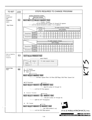 Page 239_ .-TO SETRingingAssignment
‘ram
Ioorphone
$ont.)Night Mode
Call on Hold for
Standard
Telephone
System‘DataZlear
._
j: /
‘ROGRAMiDDRESS
IdSTEPS REQUIRED TO CHANGE PROGRAM
*......- Enable / DisableI...... until the desired jack number (01 through 32) appears*....’ until the desired doorphone number (1 or 2) appears
To make program change
: . . . . . . . . . . . . . . . . . . . .Hold-,/Ho,,-,-2
DefaultTo make program changeHold-i 1X
1~~ Hold-2 1
l All Parameters0 System Parameterl Speed Call
+I...