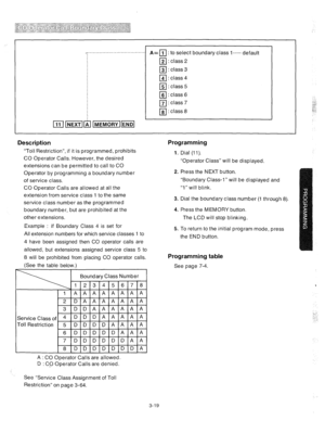 Page 63,,........,..................... 
A= 111 : to select boundary class I+..... default 
121: class 2 
131: class 3 
q 4 :class4 
151: class 5 
q 6 :class6 
171: class 7 
q : class 8 
Description 
“Toll Restriction”, if it is programmed, prohibits 
CO Operator Calls. However, the desired 
extensions can be permitted to call to CO 
Operator by programming a boundary number 
of service class. 
CO Operator Calls are allowed at all the 
extension from service class 1 to the same 
service class number as the...