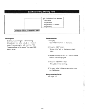 Page 70: . . . . . . . . . . . . . . . . . . . . . . . . . . . . . . . . . . . . . . . until the desired time appears 
1 ring delay 
2rings delay 
3rings delay _. default 
4rings delay 
Description 
Enables programming the call forwarding 
delayed start time (after 1, 2, 3, or 4 rings) in 
case of no receiving the call when the “Call 
Forwarding-Busy or No Answer” (on page 4-26) 
feature is set. 
Programming 
1. Dial (20). 
“Call FWD Delay” will be displayed. 
2. Press the NEXT button. 
“3 rings delay” will be...