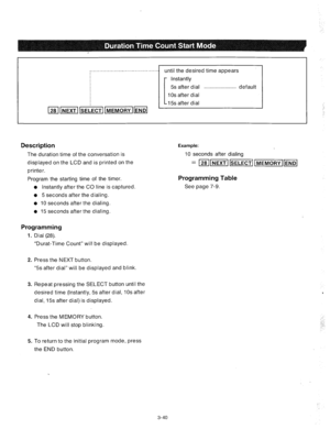 Page 82(2811NEXT(lSELECTll 
until the desired time appears 
Instantly 
5s after dial . . . default 
1 OS after dial 
15s after dial 
Description 
The duration time of the conversation is 
displayed on the LCD and is printed on the 
printer. 
Example: 
10 seconds after dialing 
= ~28IKzqi-GKiqfi[ 
Program the starting time of the timer. 
l Instantly after the CO line is captured. 
l 5 seconds after the dialing. 
l 10 seconds after the dialing. 
l 15 seconds after the dialing. 
Programming Table 
See page 7-9....