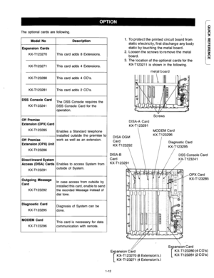 Page 13The optional cards are following. 
Model No 
Ixpansion Cards 
KX-T123270 
Description 
This card adds 8 Extensions. 
KX-T123271 This card adds 4 Extensions. 
KX-Tl23280 rhis card adds 4 CO’s. 
KX-T123281 rhis card adds 2 CO’s 
1% 
Console Card 
KX-Tl23241 The DSS Console requires the 
ISS Console Card for the 
Iperation. 
Iff 
Premise 
Ixtension (OPX) Card 
KX-T123285 
Hf 
Premise 
Ixtension (OPX) Unit 
KX-T123286 
Enables a Standard telephone 
nstalled outside the premise tc 
work as well as an...