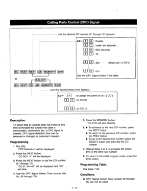 Page 122:..........,.................. . . . . . 
until the desired CO number (01 through 12) appears 
. . . . . . . . . . . . . . . . . . . . . . . . . . . . . . . . . . . . . . . . . . . . . . . . . . . 
AB= q q : Disable 
q m: r 
under 5m seconds : 
:. 14 Is] : 62m seconds 
m 17]:70 
: 
. default (all 12 CO’s) 
&m :6,4 
See the CPC Signal Detect Time table 
I 
:. ............ until the desired detect time appears 
i ................................... 
El : to assign the same on all 12 CO’s 
q 1m:onCO12...