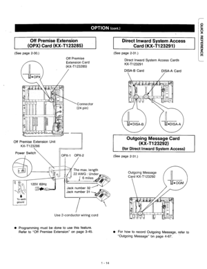 Page 15.Off Premise Extension 
(OPX) Card (KX-T123285) 
(See page 2-30.) 
Off Premise 
Extension Card 
(KX-Tl23285) 
Off Premise Extension Unit 
KX-T123286 
 
Power Switch 
I  
II OPX-1 OPX-2 
Jack number 32 
Jack number 31 
Use 2-conductor wiring cord 
0 Programming must be done to use this feature. 
Refer to “Off Premise Extension” on page 3-45. 
a 
Direct Inward System Access $I 
Card (KX-T123291) 
! 
(See page 2-31.) 
Direct Inward System Access Cards 
KX-T123291 
DISA-IS Card 
DISA-A Card 
Outgoing Message...