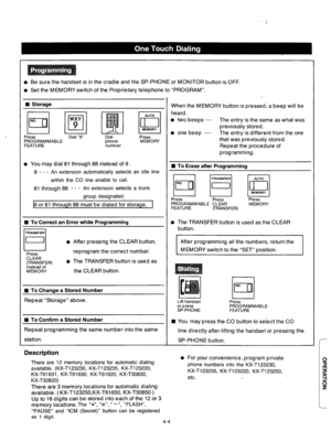 Page 147l Be sure the handset is in the cradle and the SP-PHONE or MONITOR button is OFF. 
l Set the MEMORY switch of the Proprietary telephone to “PROGRAM”. 
n Storage 
Press Dial “9” Dial 
Press 
PROGRAMMABLE phone MEMORY 
FEATURE number 
l You may dial 81 through 88 instead of 9 . 
9 - - - An extension automatically selects an idle line 
within the CO line enable to call. 
81 through 88 - - - An extension selects a trunk 
group designated. 
19 or 81 through 88 must be dialed for storage. i 
W To Correct an...