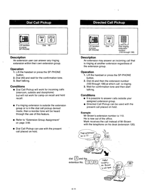 Page 154I I I Lift handset Dial “40 ” 
or press 
SP-PHONE 
Description Description 
An extension user can answer any ringing 
extension within their own extension group. An extension may answer an incoming call that 
is ringing at another extension regardless of 
the extension group. 
Operation 
1. Lift the handset or press the SP-PHONE 
button. 
2. Dial (40) and wait for the confirmation tone. 
3. Start talking. 
Conditions 
Dial Call Pickup will work for incoming calls 
(intercom, outside and doorphone) 
but...