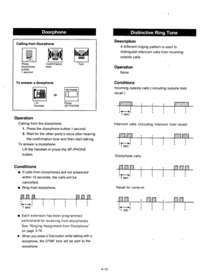 Page 156Calling from Doorphone 
Press 
doorphone 
button 
1 second Confirmation 
tone Talk 
To answer a doorphone 
Lift handset 
1 I Press 
SP-PHONE 
Operation 
Calling from the doorphone. 
1. Press the doorphone button 1 second. 
2. Wait for the other party’s voice after hearing 
the confirmation tone and then start talking. 
To answer a doorphone 
Lift the handset or press the SP-PHONE 
button. 
Conditions 
l If calls from doorphones are not answered 
within 15 seconds, the calls will be 
cancelled. I 
I I 
I...