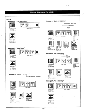 Page 178setting 
Message 1. “Will Return Soon” 
~ 
Lift handset Dial “751 8” 
Message 4. “Back at lo:23 AM” 
l-l-l- 
or press 
SP-PHONE 
Hang up or 
!$+T=~H~NE Lift handset 
or press 
SP-PHONE Dial “754,, 
cl # 
Dial “#” 
Enter 
minute 
(00 through 59) 
“0”:for AM 
“1 “:for PM Hang up or 
press 
SP-PHONE Message 2. “Gone Home” 
; 
Lift handset Dial “752 W’ 
or press 
SP-PHONE 1 Message 5. “Out Until 10123 ” 
T 
Lday 
month 
1 Enter 
[Fg [“al I”a] 
Lift handset 
or press 
SP-PHONE Dial “755” 
Dial “#” 
tnter 
day...