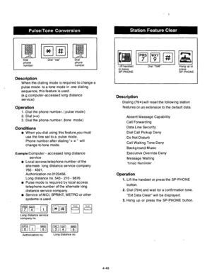 Page 192Dial Dial “*#” Dial 
phone 
number phone 
number 
Description 
When the dialing mode is required to change a 
pulse mode to a tone mode in one dialing 
sequence, this feature is used. 
(e.g.computer-accessed long distance 
service) 
Operation 
1. Dial the phone number. (pulse mode) 
2. Dial (*#) 
3. Dial the phone number. (tone mode) 
Conditions 
l When you dial using this feature,you must 
use the line set to a pulse mode. 
Phone number after dialing”* # ” will 
change to tone mode. 
Example:Computer -...