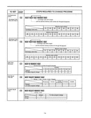 Page 246TO SET ;;;zs STEPS REQUIRED TO CHANGE PROGRAM 
roll Restriction 
:cont.) 1 
Exchange Code kl ki+t~k.o~~~6iii 
Entry for Class 5 -.*..- exchange code with 3 digits 
:.......... until the desired memory code number (01 through 20) appears 
Memory code number ’ 
01 t 02 1 03 t 04 t 05 1 06 t 07 1 08 
exchange code entry 
I 
I I I I I I 
Memory code number 
09 1 10 t 11 t 12 1 13 
t 14 1 15 1 16 1 17 1 18 1 19 1 20 
I I I I I 
I I I I I 
I 
Exchange Code 
Entry for Class 7 I 
Ea i.Ed &pflFMORYl lmul 
. . . ....