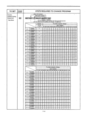 Page 254TO SET E;zEz STEPS REQUIRED TO CHANGE PROGRAM 
Flexible other CO number 
3utward Dialing 
9ssignment 
El 
Day Mode L......- Enable I Disable 
i...... until the desired ‘ack number (01 through 32) appears 
...... until the desired CO num er (01 through 12)appears  b 
I I 
7-14  