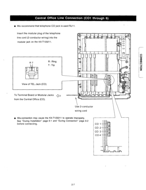 Page 33l We recommend that telephone CO jack is used RJll. 
Insert the modular plug of the telephone 
line cord (2-conductor wiring) into the 
modular jack on the KX-T123211. 
R : Ring 
T : Tip 
View of TEL Jack (CO) 
To Terminal Board or Modular Jacks 
G7 
from the Central Office (CO). 
 
Use 2-conductor 
wiring cord 
l Mis-connection may cause the KX-T123211 to operate improperly. 
See “During Installation” page 6-1 and “During Connection” page 6-2 
before connecting. 
co 
co 
co 
co 
, 
2-7  