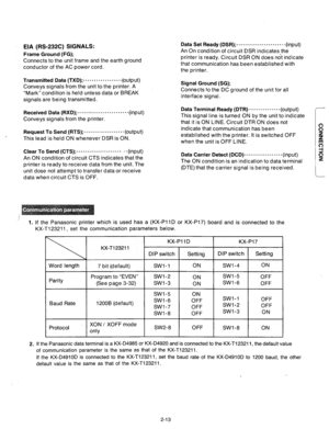 Page 39EIA (RS-232C) SIGNALS: 
Frame Ground (FG); 
Connects to the unit frame and the earth ground 
conductor of the AC power cord. 
Transmitted Data (TXD); . . . . . . . . . . . . . . . . ..@Jtpuq 
Conveys signals from the unit to the printer. A 
“Mark” condition is held unless data or BREAK 
signals are being transmitted. 
Received Data (R)(D);. . . . . . . . . . . . . . . . . . . . . . . . .(input) 
Conveys signals from the printer. 
Request To Send (RTS); . . . . . . . . . . . . . . . . . . .((-Jutput) 
....