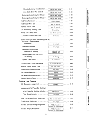 Page 5Allowable Exchange Code Selection . . . 1 has not been stored . . . . . 3-21 
Area Code Entry For CkSs 3 . . . . ) has not been stored 1. . . . . . 3-Z 
Exchange Code Entry For Class 5 . . 1 
has not been stored . . . . s 3-23 . 
Exchange Code Entry For ChSS 7 . . 1 has not been stored 1 . . . . . 
Hold Time Reminder . . . . . . . . . . . . . . 1 
after 3 minutes . . . . . 3-25 J 
Hold Recall Time Set . . . . . . . . . . . . . . after 30 seconds 
Transfer Recall Time . . . . . . . . . . . . . . after 30...