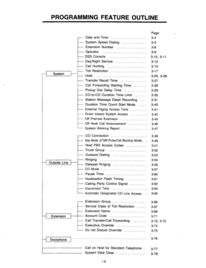 Page 9PROGRAMMING FEATURE OUTLINE 
---E 
Extension Date and Time 
................... 
System Speed Dialing 
............. 
Extension Number 
................ 
Operator 
........................ 
DSS Console 
.................... 
Day/Night Service 
................. 
Call Hunting 
..................... 
Toll Restriction 
................... 
Hold ........................... 
Transfer Recall Time 
.............. 
Call Forwarding Starting Time ....... 
Pickup Dial Delay Time ............ 
CO-to-CO Duration Time...