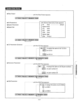 Page 970 stop output 
i..............‘.‘..- until the Stop Output appears 
l All Parameters ,..................................... 
i until desired data dump mode appears 
0 System Parameter 
l Speed Dial 
o CO Parameter (Outside) - All 
Para . . . . . . . . . . . . . . . . . . . . . . . . default 
System Para 
co Para 
EXT Para 
DSS Para 
Speed Dial 
- stop 
output 
................. until the CO Para appears 
i . . . . . . . 
1 ABEN : to assign the same on all 12 CO’s 
mliJ: on CO 01 
i 1 m:onCO12 
El~nn~nn...