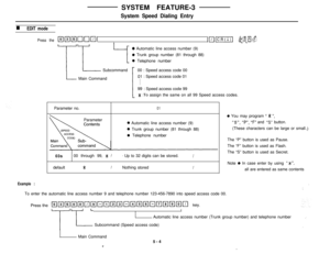 Page 31SYSTEM FEATURE-3System Speed Dialing Entry
n EDIT mode
Press theq m~nnmlIlIllcR(s, key.
0 Automatic line access number (9)
8 Trunk group number (81 through 88)
0 Telephone number
Subcommand00 : Speed access code 00
Main Command01 : Speed access code 01
: Speed access code 99
* :To assign the same on all 99 Speed access codes.
Parameter no.
01Parameter
0 Automatic line access number (9)
0 Trunk group number (81 through 88)
0 Telephone number
03s00 through 99, 
* /* Up to 32 digits can be stored.Idefault...