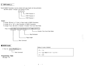 Page 43q EDIT mode (cont.)Note 
0 SMDR Parameters must be entered with page length and skip perforation.
0 DTMF receiver 1 through 3 are entered at a time.
DTMF Receiver 3
DTMF Receiver 2
DTMF Receiver 1
Example :To change 
“66 lines” to “77 lines” in Page Length of SMDR Parameters.
To change “00” to 
“05” in Skip Perforation of SMDR Parameters.
To change “5 sec. after dial” to “Instantly” in Duration Time Count Start Mode.
Press the 
~lT;1~~T;1~~~~T;1~~~lTjl[?lT;1~lT;llcRoJkey.
Duration Time Count Start Mode
-...