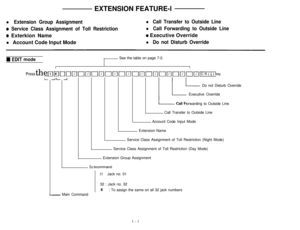 Page 55EXTENSION FEATURE-ll Extension Group Assignmentl Call Transfer to Outside Line
o Service Class Assignment of Toll Restrictionl Call Forwarding to Outside Line
e Exterkion Namee Executive Override
l Account Code Input Mode
l Do not Disturb Override
W EDIT modeSee the table on page 7-2.
II
Press the l~~nnnnnnnnInInnnrn[1nnnIIn key.
I-
L- Main Command
L-
LLDo not Disturb Override
Executive Override
Call Forwarding to Outside Line
Call Transfer to Outside Line
Account Code Input Mode
Extension Name
Service...