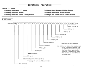 Page 57EXTENSION FEATURE-2
Flexible CO Button
To Change into Other CO ButtonTo Change into Message Waiting Button
To Change into DSS ButtonTo Change into Other All CO Button
To Change into One Touch Dialing ButtonTo Assign into Trunk Group Access Button
n EDIT mode
- PITS key 08
- PITS key 07
- PITS key 06
One Touch Dial can’t be entered.
PITS key 05
Note 
0 When the Button which has been set
- PITS key 04
PITS key 03
- PITS key 02to One Touch Button and also One
Touch Dial has been entered is set to
One Touch...