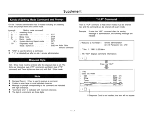 Page 92SupplementOn-site 
/ remote administration has 5 modes excluding an unsetting
mode and prompt shows the current mode.
(prompt); > . .
; E> ..
; s> ‘.
; P> .’; 
R>; D> .(Setting mode command)
unsetting mode
Edit mode. . . . . . . . . . . .
Show mode. . . . . . . . . .
Dump mode . . . . . .System Working Report mode
Diagnostic mode. . . . . . . .
Mode 
/ Style Exit. . . . .
. . .EDT
. .
SHW. .
DMP
. . .RPT
. . .DIG.
END 
-Mode Styleremove command
0“END” is used to remove a command.
0“; >” is indicated just...