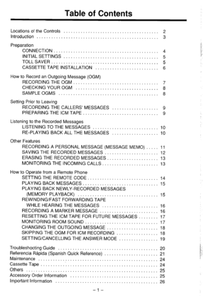 Page 2Table of Contents 
Locations of the Controls .................... 
Introduction 
............................... 
Preparation 
CONNECTION ........................ 
INITIAL SETTINGS 
.................... 
TOLL SAVER ......................... 
CASSETTE TAPE INSTALLATION ....... 
How to Record an Outgoing Message (OGM) 
RECORDING THE OGM . . 
CHECKING YOUR OGM . . 
SAMPLE OGMS . . . . . 
Setting Prior to Leaving 
RECORDING THE CALLERS’ MESSAGES 
PREPARING THE ICM TAPE . . . . 
. 
. 
Listening to the...