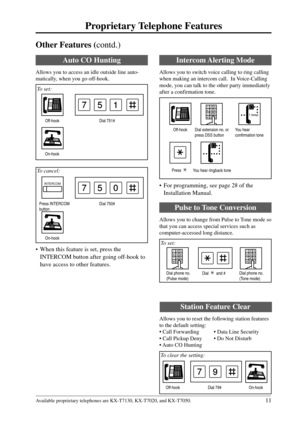 Page 1111
Proprietary Telephone Features
Available proprietary telephones are KX-T7130, KX-T7020, and KX-T7050.
Press INTERCOM
button
Dial 751# Off-hook
On-hook
751
Dial 750#
On-hook
750
INTERCOM
Other Features (contd.)
Auto CO Hunting
Allows you to access an idle outside line auto-
matically, when you go off-hook.
 To set:
 To cancel:
• When this feature is set, press the
INTERCOM button after going off-hook to
have access to other features.
• For programming, see page 28 of the
Installation Manual.
Pulse to...